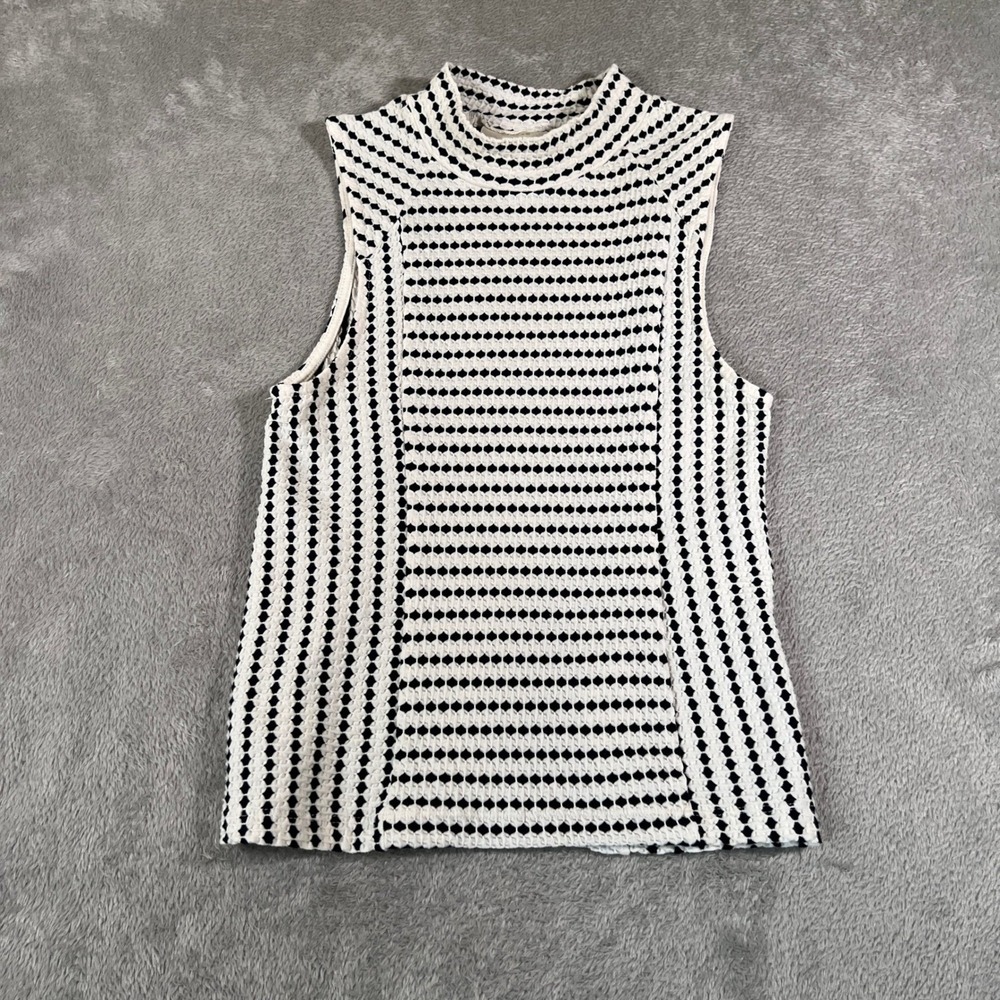 Maeve Anthropologie Tank Top Womens XS White Black Textured Mock Neck Striped